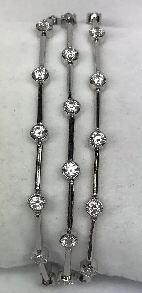 Designer SW Sterling Silver 925 Cubic Zirconia Three Strand Station Bracelet