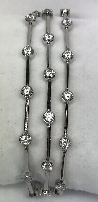 Designer SW Sterling Silver 925 Cubic Zirconia Three Strand Station Bracelet