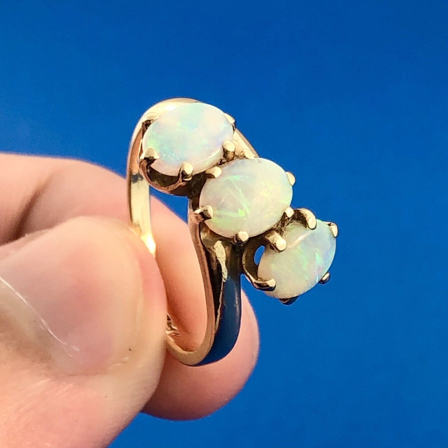 Estate 14K Yellow Gold Oval Opal Trio October Anniversary Occasion Bypass Ring