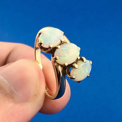 Estate 14K Yellow Gold Oval Opal Trio October Anniversary Occasion Bypass Ring
