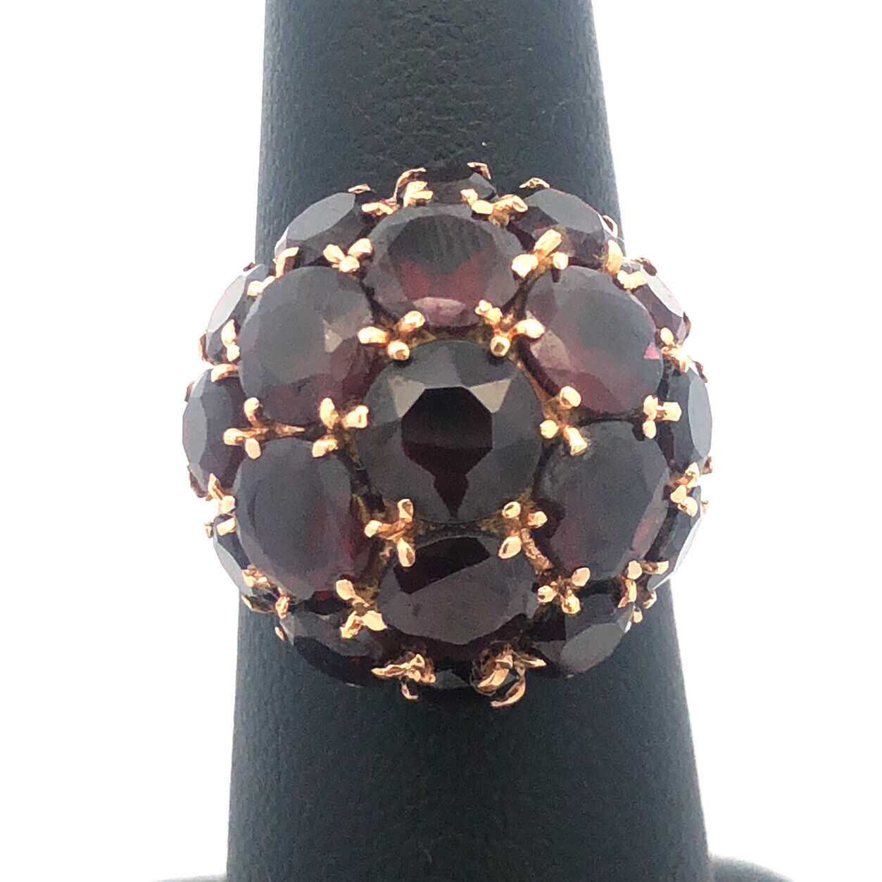 Gorgeous 14k Yellow Gold Round Cut Garnet Dome Cluster Statement Ring Size 6.5