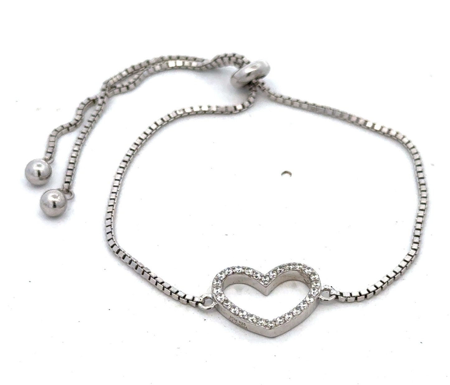 Designer 925 Sterling Silver Open Heart Cubic Zirconia Box Chain Bolo Bracelet