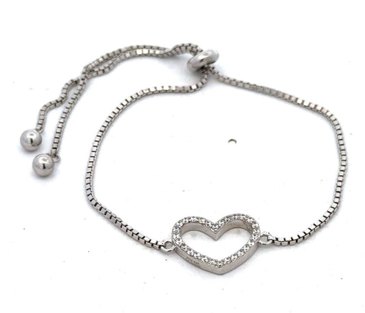 Designer 925 Sterling Silver Open Heart Cubic Zirconia Box Chain Bolo Bracelet