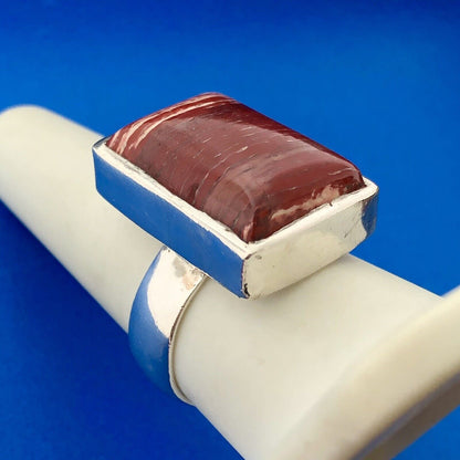 Sterling Silver 925 Banded Red Jasper Rectangular Modernist Statement Ring