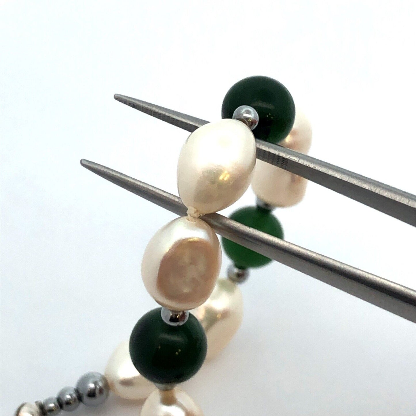 Designer 925 Sterling Silver Pearl Jade Beaded Statement Necklace