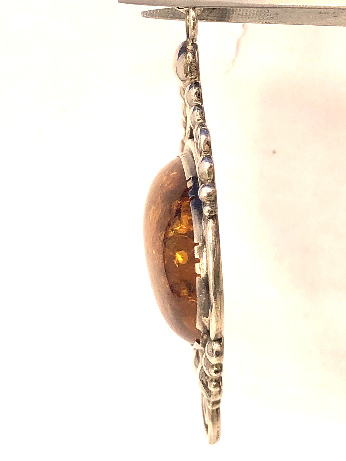 Vintage 925 Sterling Silver Oval Amber Open Scroll Statement Pendant