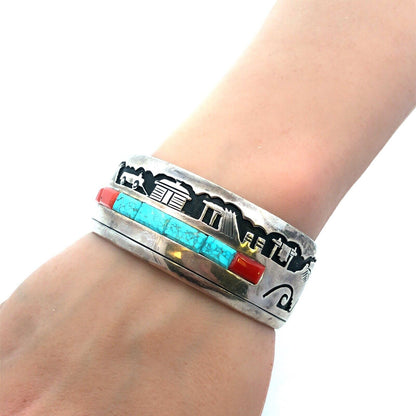 Alvin Begay Navajo 925 Sterling Silver Turquoise Coral Storyteller Cuff Bracelet