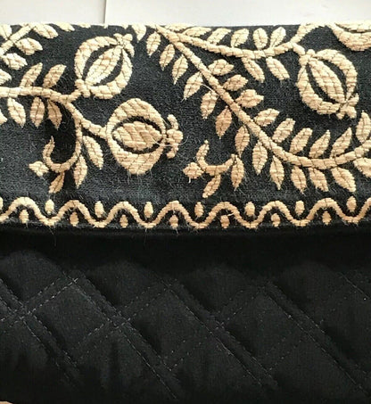 Vera Bradley Black Quilted Microfiber White Embroidered Clutch With Straps
