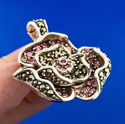 Designer Sterling Silver Pink Cubic Zirconia Marcasite Flower Enhancer Pendant