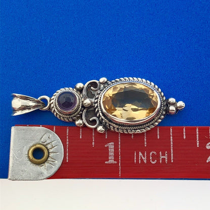 Stunning Sterling Silver 925 Oval Cut Citrine Amethyst Filigree Dangle Pendant