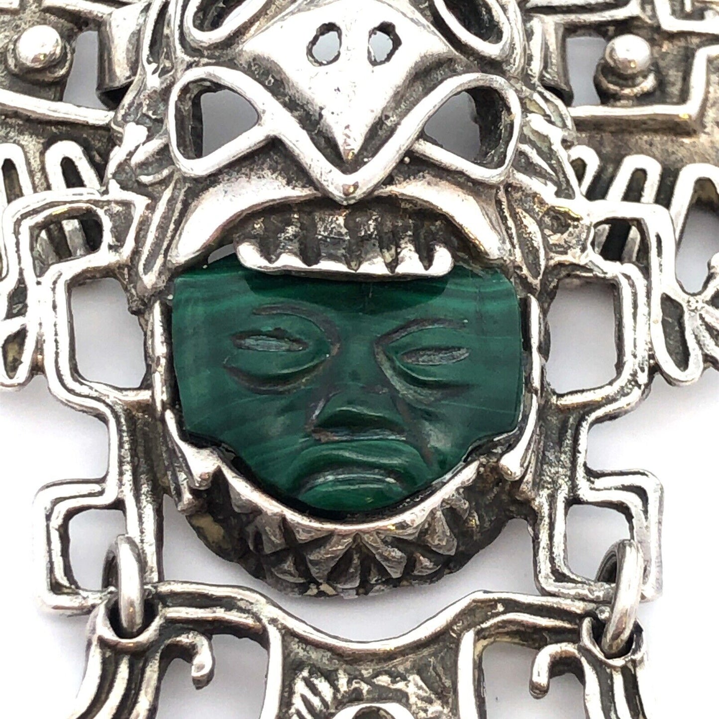 Vintage Taxco Mexico 925 Sterling Silver Malachite Aztec Bird Statement Necklace