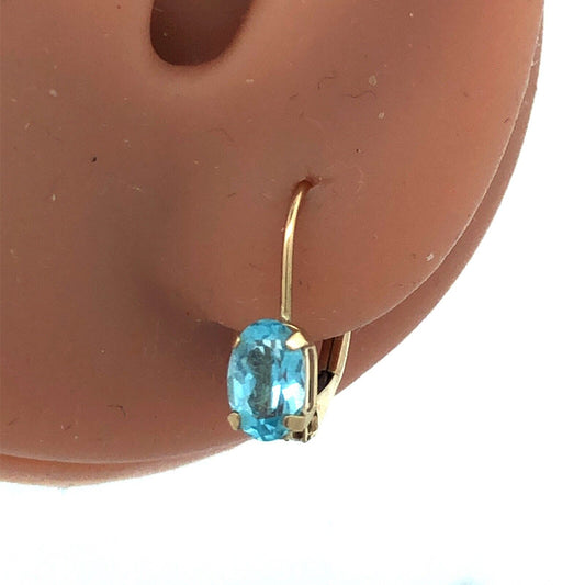 Designer CI 10K Yellow Gold Oval Blue Topaz Drop Dangle Lever Back Earrings