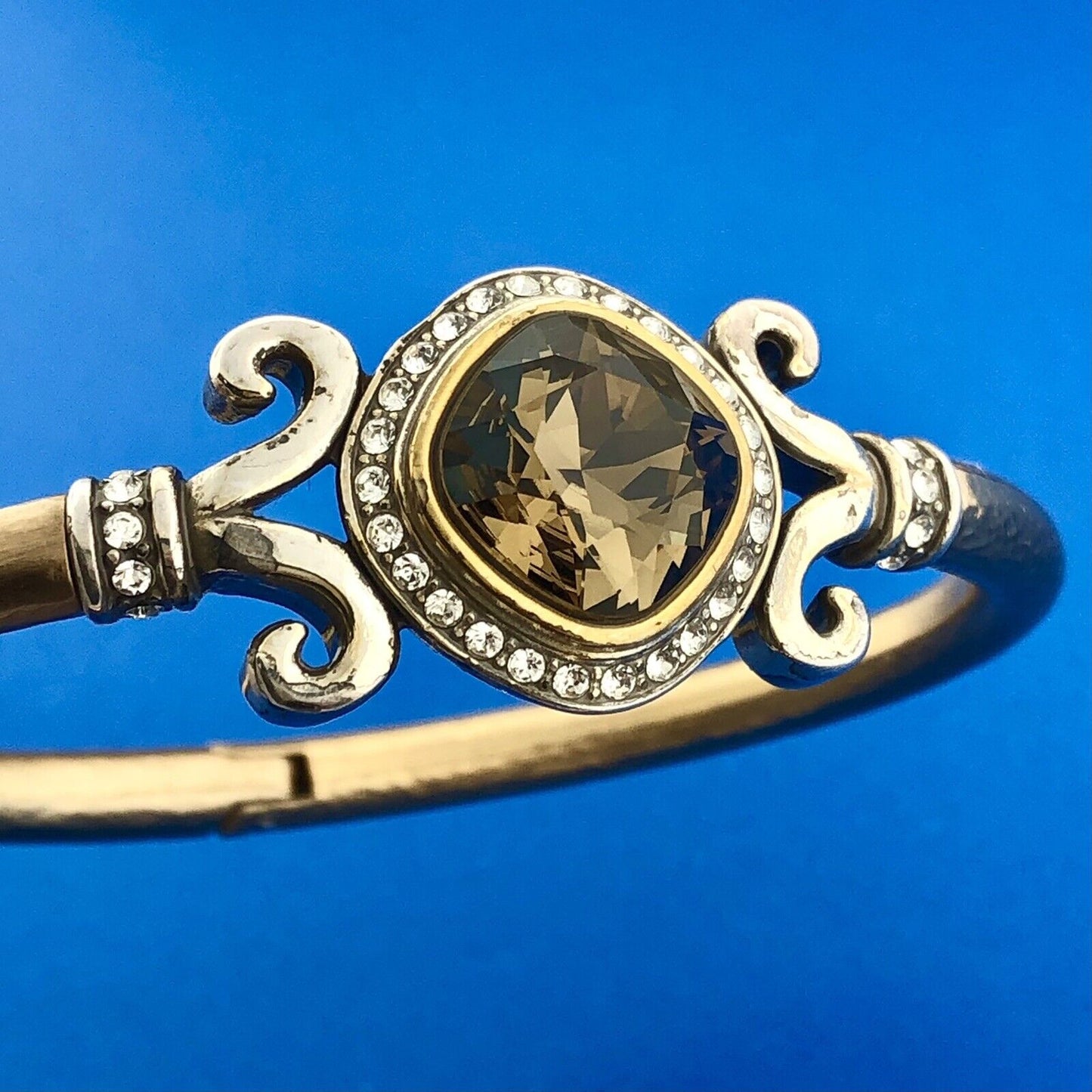 Stunning Silver Plated Smoky Quartz White Rhinestone Hinged Cuff 6.5" Bracelet