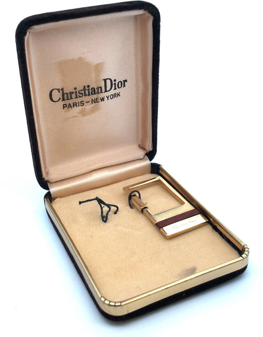 Christian Dior Gold Tone Genuine Rose Wood Rectangle Original Box Key Ring