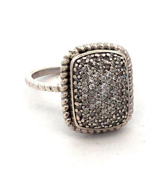 Designer A 925 Sterling Silver Round Diamond Pave Rectangle Anniversary Ring