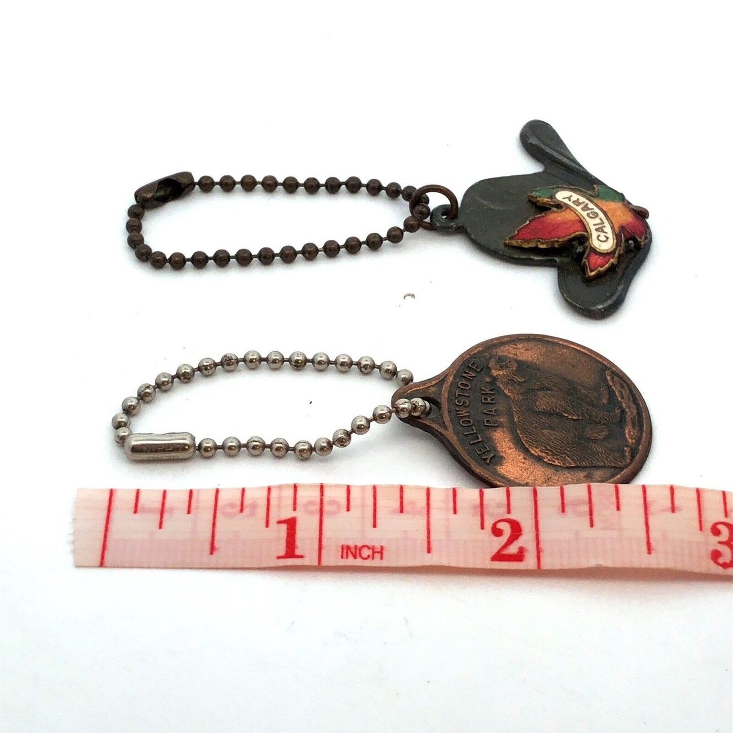 1940's Copper Yellowstone & Calgary Stetson Maple Leaf 2pc Souvenir Key Chains