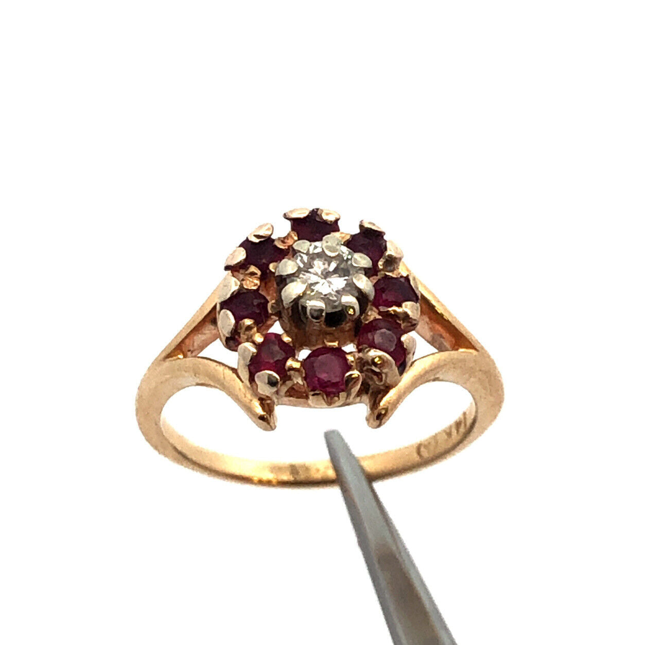 Designer 14K Yellow Gold Diamond Ruby Floral Flower Cocktail Ring