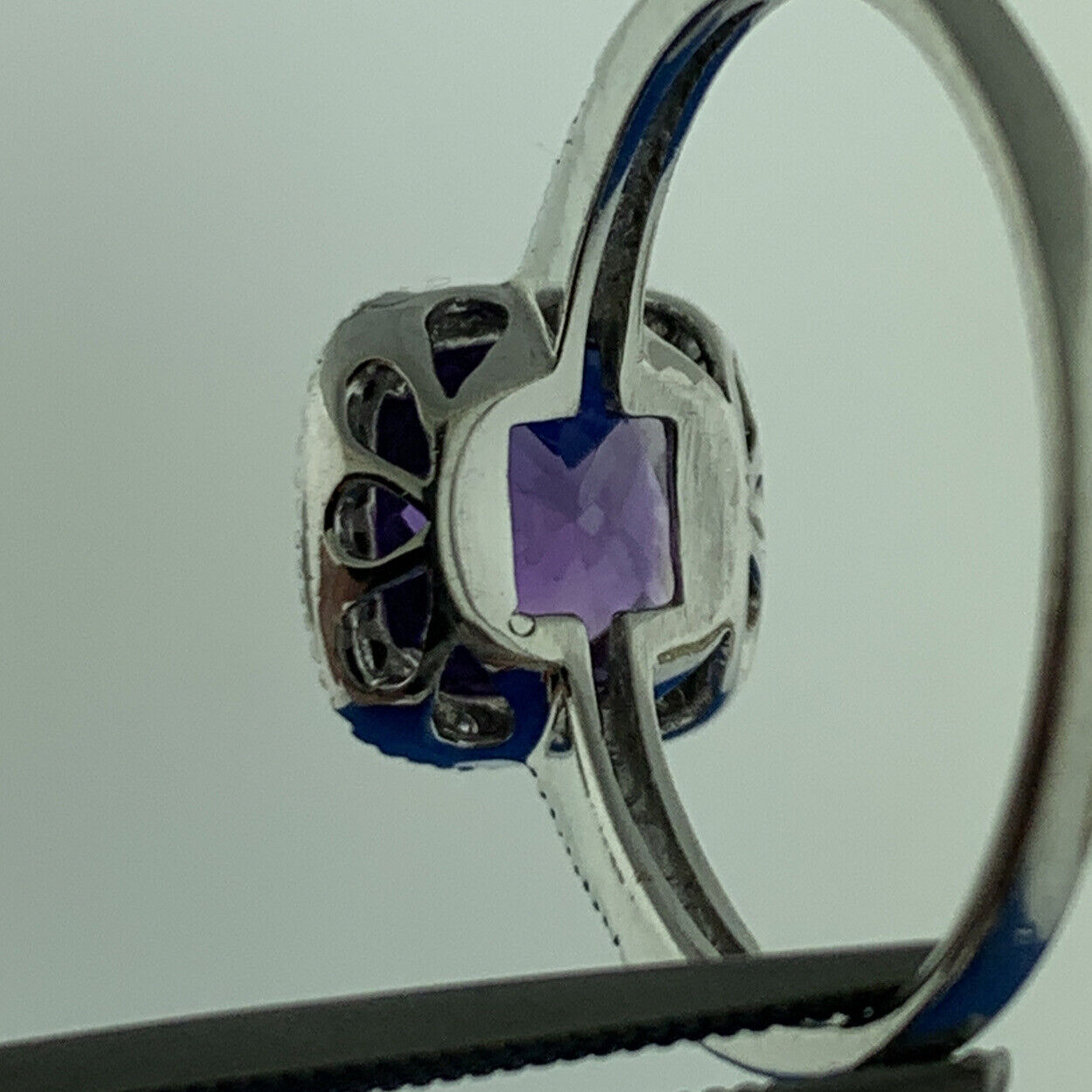 Designer 14K White Gold Cushion Cut Amethyst Diamomd Halo Accented Ring