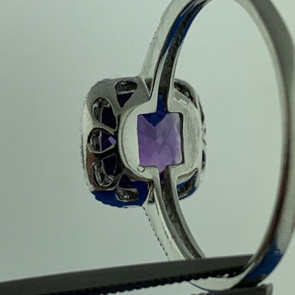 Designer 14K White Gold Cushion Cut Amethyst Diamomd Halo Accented Ring