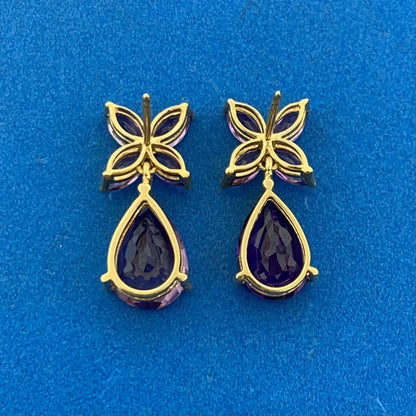 Designer Mexico 14K Yellow Gold Amethyst Dangle Drop Floral Flower Stud Earrings