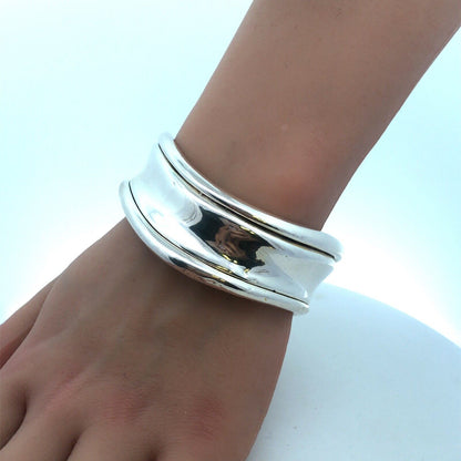 925 Sterling Silver Modernist Wave Statement Wide Bangle Bracelet