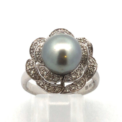 Designer 14K White Gold Tahitian Pearl Diamond Statement Cocktail Ring