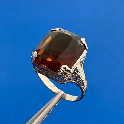 Vintage 18K White Gold Radiant Orange Tourmaline Open Filigree Cocktail Ring