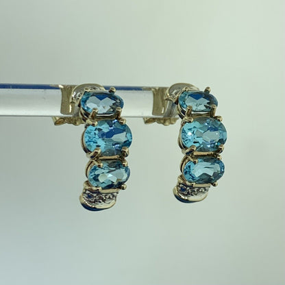 Designer 10K Yellow Gold Oval Blue Topaz Diamond Accented Half Hoop Earrings