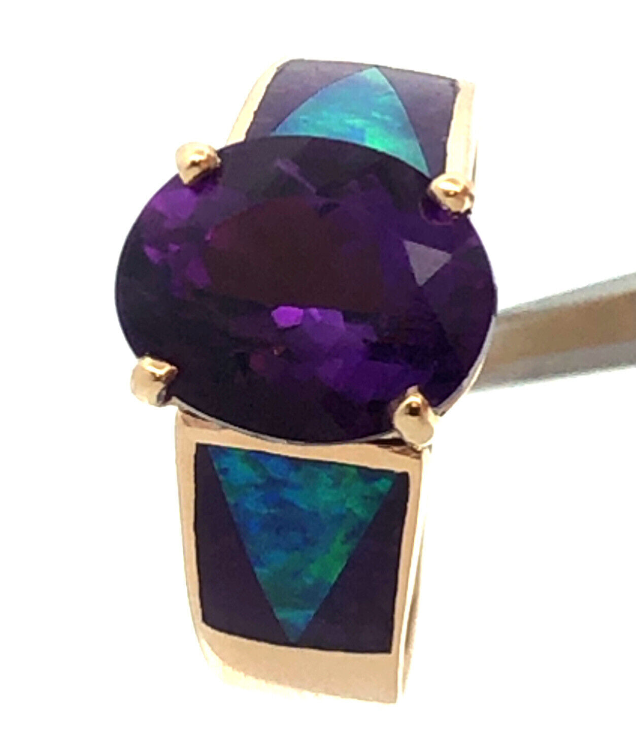 Vintage 14K Yellow Gold Oval Amethyst Opal Inlay Purple Enamel Cocktail Ring