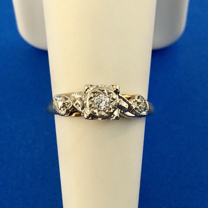 Art Deco 14K Yellow White Gold Diamond Hearts Beads Scroll Engagement Ring