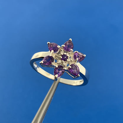 Designer Sterling Silver Amethyst Diamond Flower Cluster February Occasion Ring