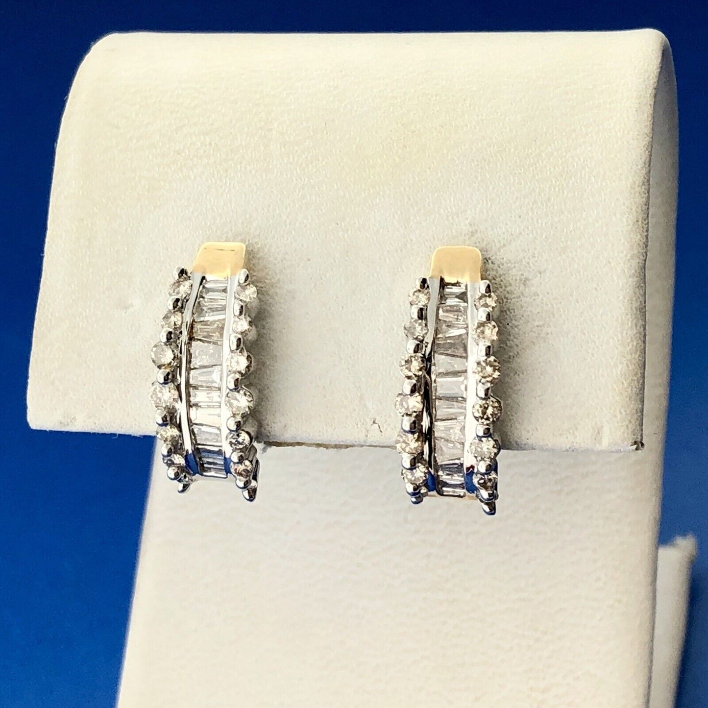 14k Yellow & White Gold Baguette Diamond Earrings with Diamond Accents