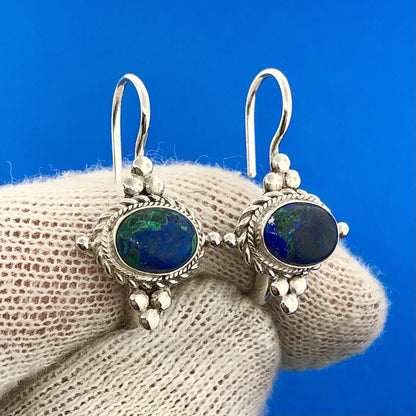 Designer FAS 925 Sterling Silver Oval Lapis Lazuli Balinese Style Earrings