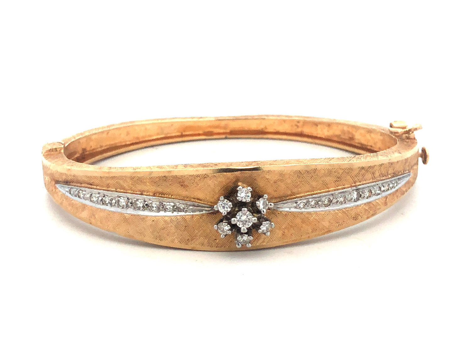 Vintage 14K Yellow Gold Round Diamond Flower Textured Hinged Bangle