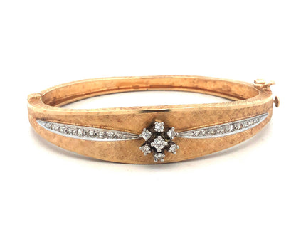 Vintage 14K Yellow Gold Round Diamond Flower Textured Hinged Bangle