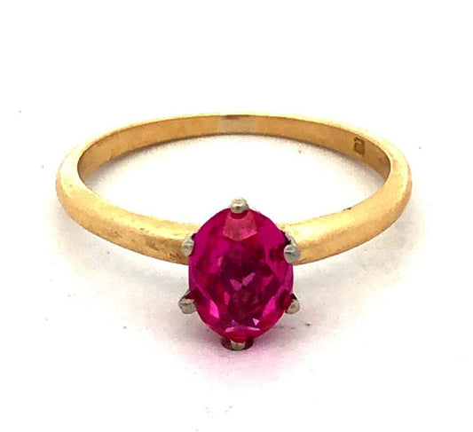 Estate 18K Yellow Gold Oval Pink Ruby Solitaire July Birthstone Anniversary Ring