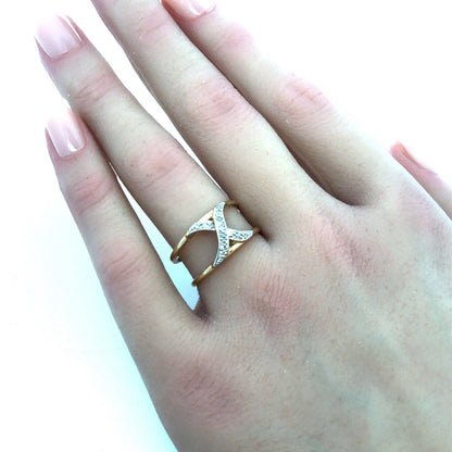 Gorgeous 14k Yellow Gold Round Cut Diamond X Double Band Ring Guard Size 7