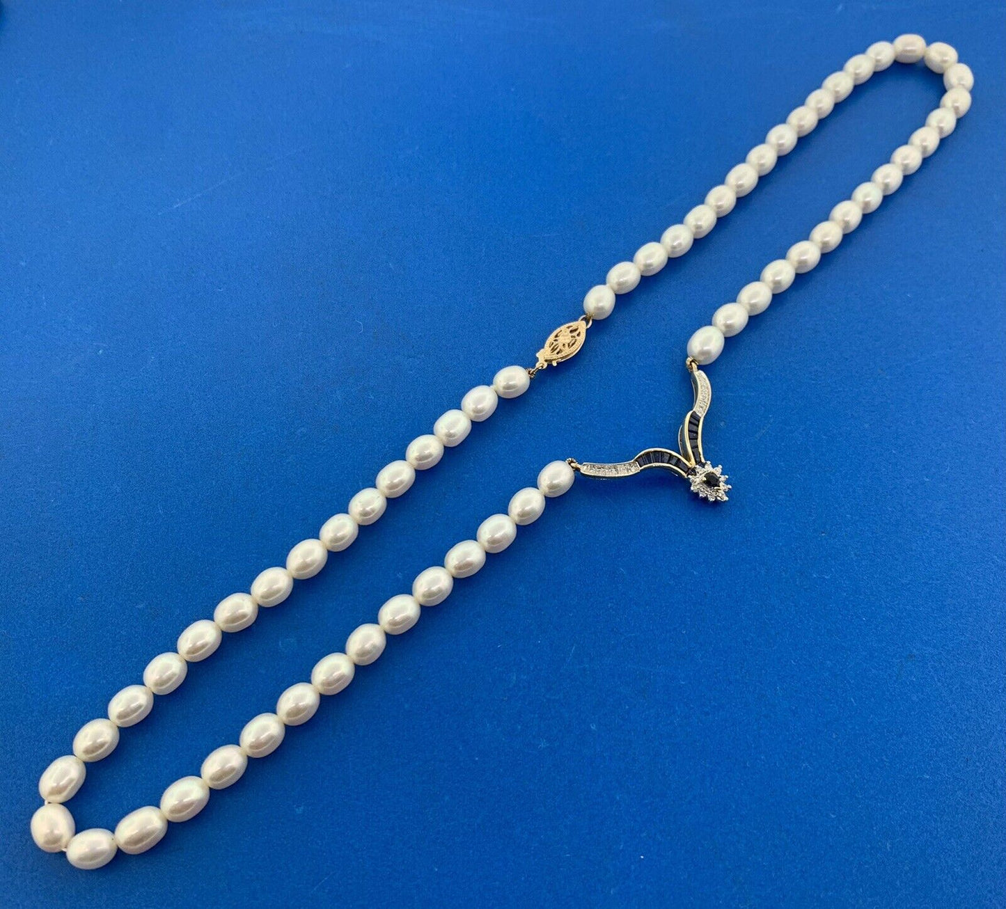 14K Yellow Gold Pearl Diamond Blue Sapphire Accented V Necklace