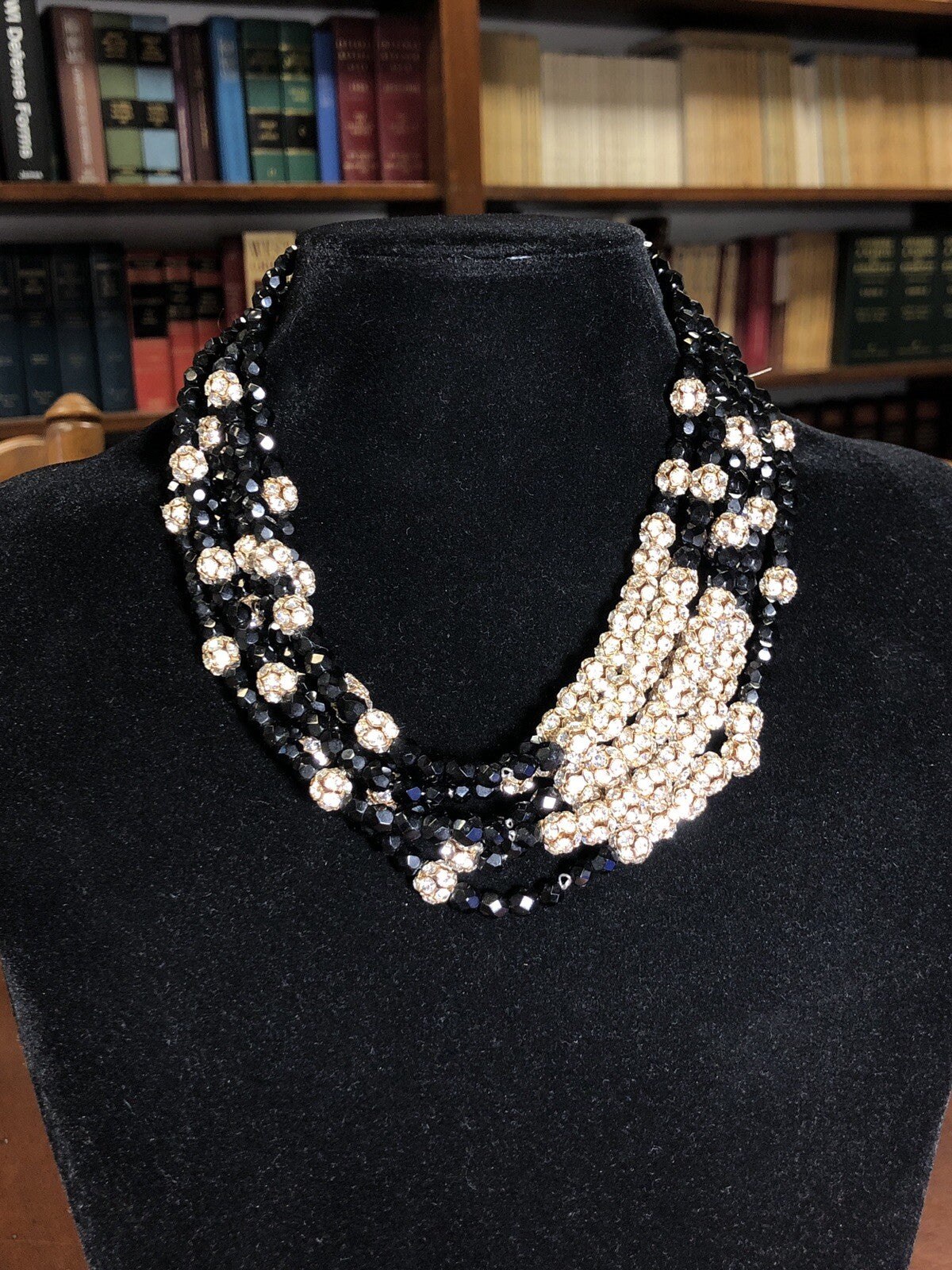 Runway Couture Faceted Jet Bead Rhinestone Layered Statement Collar Necklace