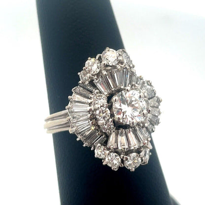 Estate 14K White Gold Round Diamond Center Waterfall Wave Accented Cocktail Ring