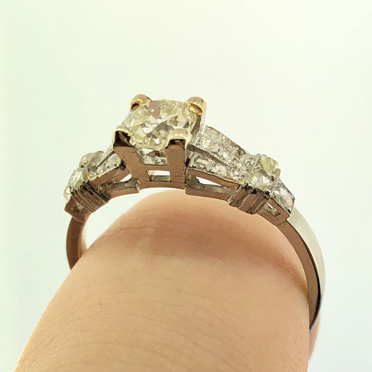 Art Deco Platinum European Mine Cut Diamond Solitaire W/Accents Engagement Ring