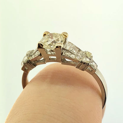 Art Deco Platinum European Mine Cut Diamond Solitaire W/Accents Engagement Ring
