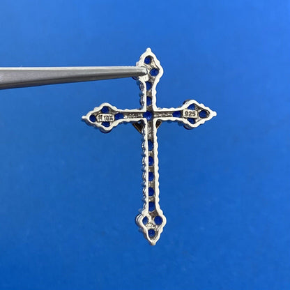 Designer 925 Sterling Silver 10K Yellow Gold Sapphire Cross Pendant