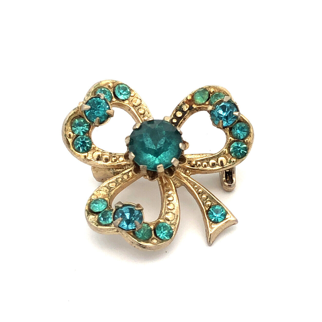 Mid Century CORO Gold Tone Aqua Rhinestone Good Luck 3 Leaf Clover Lapel Brooch