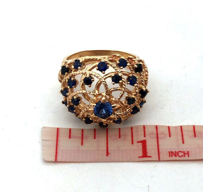 Estate 18K Yellow Gold Blue Sapphire Open Work Harem Cocktail Statement Ring
