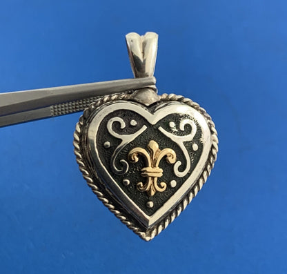 Designer 925 Sterling Silver 14K Gold Fleur De Lis Scroll Heart Pendant