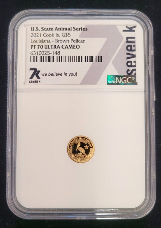 2021 $5 Cook Islands NGC PF70 Proof Cameo .999 Gold 1/2g Louisiana Brown Pelican