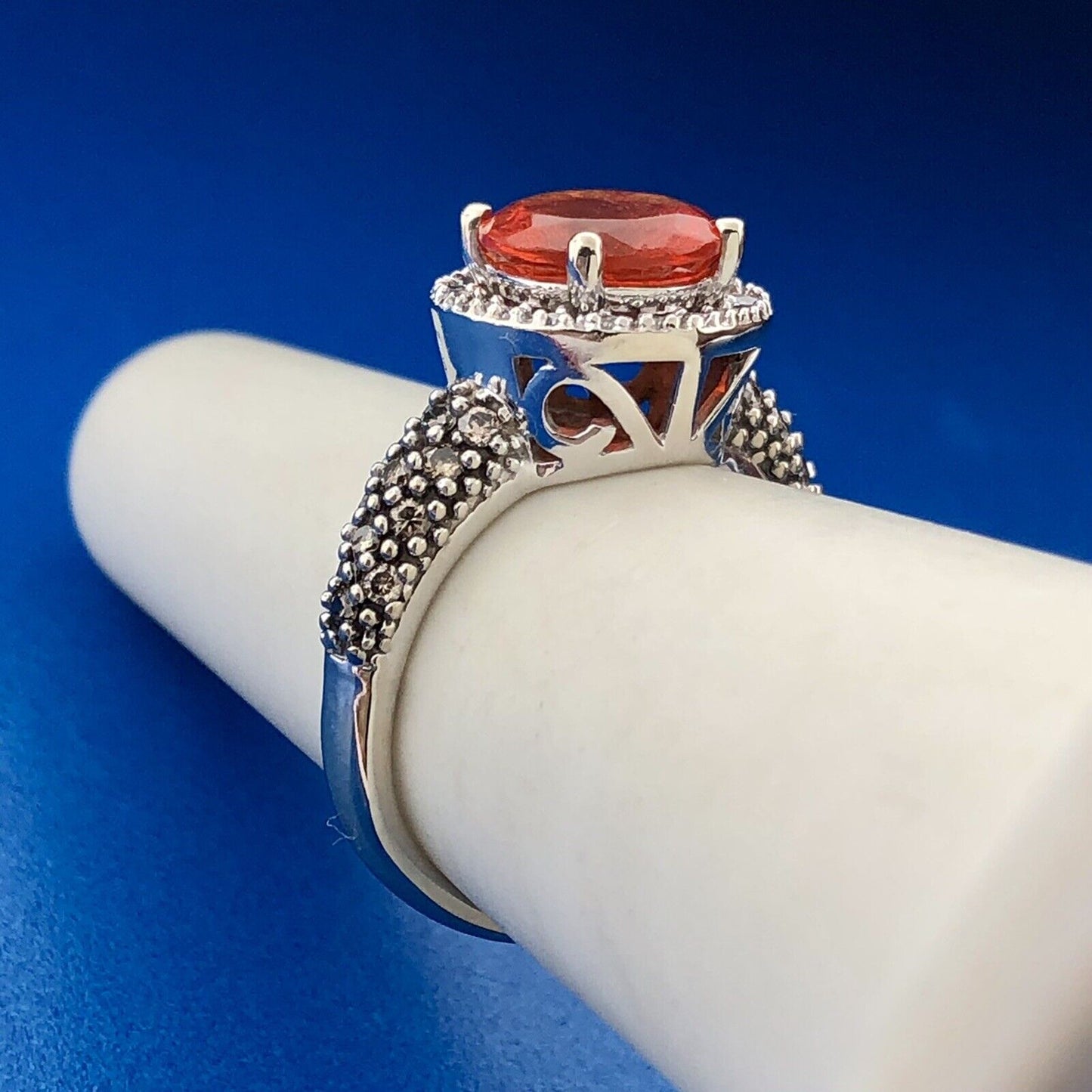 Stunning 14K White Gold Mexican Fire Opal Diamond Halo Ladies Cocktail Ring