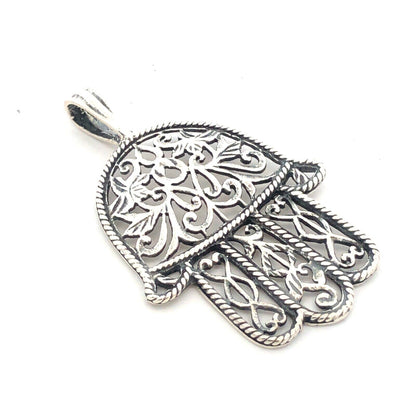 925 Sterling Silver Open Floral Scroll Hamsa Hand Of Fatima Pendant
