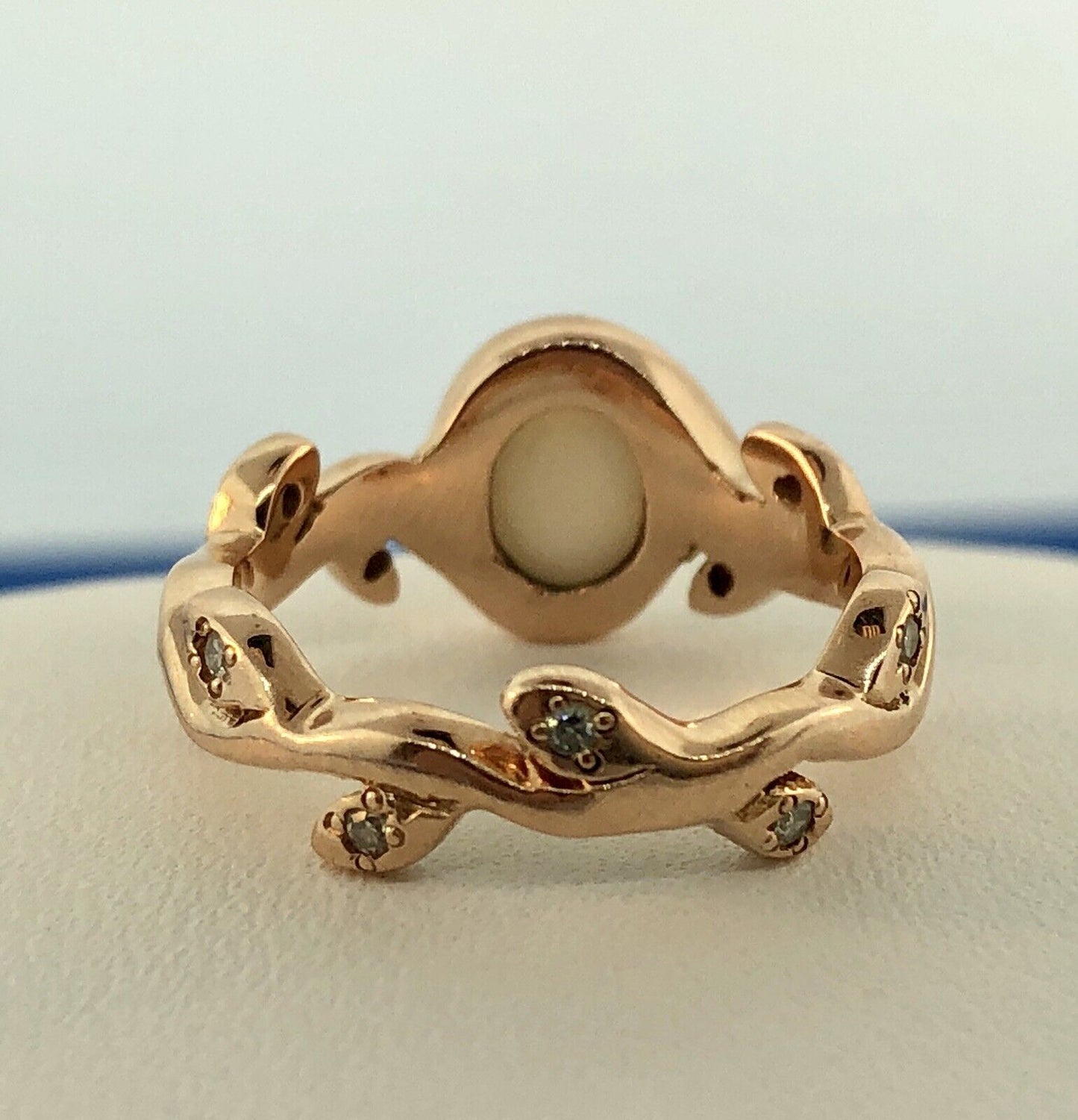 Unusual 14k Rose Gold Opal Diamond Vine Leaf Flower Motif Band Ring